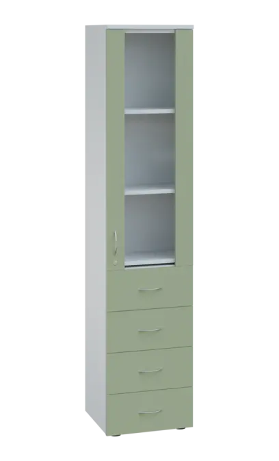 LE - 44 skříň léková prosklená, pravá, korpus bílý, dvířka šedo-zelinkavá